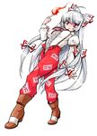  absurdres ahoge boots bow fire fujiwara_no_mokou full_body hair_bow hair_ribbon highres hirose_miho long_hair pants red_eyes ribbon silver_hair simple_background smile solo suspenders touhou very_long_hair white_background 