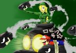  1boy 1girl absurdres blonde_hair bullet_bill facial_hair gloves hat helmet highres mario mario_(series) mustache overalls rosalina_(mario) rosetta_(mario) scared super_mario_bros. super_mario_galaxy 