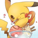  bad_pixiv_id blush bowl food gen_1_pokemon heart ice_cream jimmy2929 ketchup no_humans one_eye_closed pikachu pokemon pokemon_(creature) polka_dot polka_dot_background solo spoon spoon_in_mouth tail 