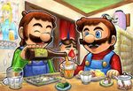  3boys alcohol beer blonde_hair blue_eyes breasts brothers brown_hair eyes_closed facial_hair gloves large_breasts luigi mario mario_(series) metroid metroid_(creature) multiple_boys mustache nintendo overalls phanto ponytail poster samus_aran siblings smile super_mario_bros. super_mario_bros._2 zero_suit 