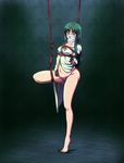  1girl arms_behind_back barefoot bdsm bondage bottomless bound bound_legs box_tie breast_bondage breasts censored cloth_gag face_mask fate/zero fate_(series) gag gagged green_hair highres improvised_gag long_hair long_legs mask milf over_the_mouth_gag over_the_nose_gag pubic_hair sakuraba_tsukasa shibari solo standing_on_one_leg suspension tohsaka_aoi yellow_eyes 