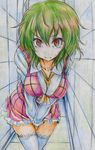  absurdres ascot between_legs blush breasts cleavage green_hair hand_between_legs have_to_pee highres kazami_yuuka medium_breasts nichibotsu_(kitaziman) plaid plaid_skirt plaid_vest red_eyes short_hair skirt skirt_set solo tears thighhighs touhou traditional_media vest white_legwear 