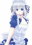  apron blue_eyes blush breasts cleavage collarbone date_a_live hujikok maid maid_headdress medium_breasts puffy_sleeves short_hair short_sleeves silver_hair solo tobiichi_origami 