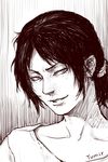  character_name freckles highres jitome monochrome parted_lips ponytail shingeki_no_kyojin short_hair sideways_glance skyfiss solo ymir_(shingeki_no_kyojin) 