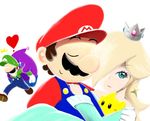  brothers carrying chiko_(mario) facial_hair gloves hair_over_one_eye hat lubba luigi luma mario mario_(series) mustache nintendo overalls princess_carry rosalina_(mario) rosetta_(mario) siblings smile super_mario_bros. super_mario_galaxy super_mario_galaxy_2 