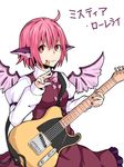  animal_ears dress electric_guitar guitar instrument ishimu mystia_lorelei pink_hair plectrum red_eyes short_hair smile solo touhou wing_ears wings 