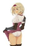  1girl ass black_footwear black_gloves blonde_hair blush boots brown_eyes cowboy_shot djeeta_(granblue_fantasy) elbow_gloves frilled_skirt frills from_behind gauntlets gloves granblue_fantasy hairband high-waist_skirt ishinoyari lifted_by_self looking_at_viewer looking_back panties puffy_sleeves purple_hairband purple_skirt shirt short_hair simple_background skirt skirt_lift smile solo standing thigh_boots thighhighs underwear white_background white_panties white_shirt 