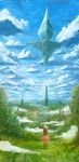  arms_behind_back cloud day floating_island grass highres mountain nature original own_hands_together sakimori_(hououbds) scenery short_hair sky solo standing tower tree 