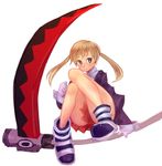  blonde_hair boots colorized gloves green_eyes knees_together_feet_apart maka_albarn miniskirt pigeon-toed pltrgst scythe sitting skirt solo soul_eater twintails weapon white_gloves wrist_cuffs 