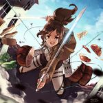  1girl bread brown_eyes brown_hair cable cheese dual_wielding food highres jacket junkpuyo lettuce meat ponytail sasha_braus sasha_browse shingeki_no_kyojin smile solo sword three-dimensional_maneuver_gear tomato weapon 