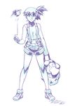  backpack bag breasts gen_1_pokemon highres kasumi_(pokemon) midriff monochrome navel poke_ball pokemon pokemon_(anime) pokemon_(classic_anime) pokemon_(creature) psyduck robert_porter shoes shorts side_ponytail signature small_breasts sneakers suspenders tank_top 
