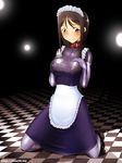  1girl blush brown_eyes brown_hair checkered checkered_floor collar dom03 elbow_gloves floor gloves highres latex_suit long_hair maid maid_headdress mary_janes shoes thighhighs 