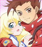  1girl blonde_hair blue_eyes brown_eyes brown_hair collet_brunel lloyd_irving long_hair official_style r_(corolla) red_shirt shirt tales_of_(series) tales_of_symphonia 