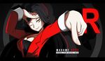  1girl black_hair breasts cleavage collarbone fingernails formal happy huge_breasts jacket lady_boss_(pokemon) lips lipstick long_hair madame_boss_(pokemon) makeup nail nails nintendo pointing pokemon pokemon_(game) red shiny smile solo suit team_rocket vivivoovoo wink yellow_eyes 