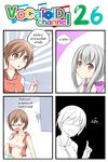  2girls 4koma blush breasts brown_eyes brown_hair catstudioinc_(punepuni) censored color_drain comic electric_fan grey_hair highres left-to-right_manga long_hair medium_breasts meiko multiple_girls necktie no_bra open_clothes open_shirt red_eyes shirt short_hair thai translated vocaloid voyakiloid yowane_haku 