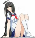  ahoge arm_support black_hair green_eyes inaka_keikou kneehighs long_hair original panties pantyshot pantyshot_(sitting) polka_dot school_uniform serafuku sho_yayoi sitting skirt solo underwear very_long_hair 