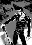  belt grasshopper_manufacture guitar instrument jacket leather leather_jacket leather_pants lewis_legend lollipop_chainsaw monochrome pants pompadour zombie 