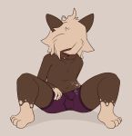  anthro ariku blush boxers_(clothing) brown_fur bulge child clothing cub domestic_cat erection felid feline felis fur male mammal navel penis_outline simple_background sitting spread_legs spreading tongue tongue_out underwear young 