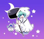  1girl aqua_hair blue_background blue_eyes blue_hair ghost ghost_tail gradient gradient_background hammer hato_mune hood lowres purple_background puyopuyo puyopuyo_fever rei-kun short_hair smile star yu-chan 