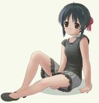  arm_support black_hair brown_eyes collar dress flat_chest hair_ornament jinki kawamoto_satsuki kiku_(popolina) shoes short_hair sitting solo strap_slip 