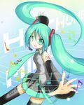  detached_sleeves green_eyes green_hair hatsune_miku headphones long_hair lowres musical_note necktie open_mouth outstretched_arms shichinose skirt smile solo thighhighs twintails very_long_hair vocaloid 
