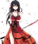  bad_id bad_pixiv_id bare_shoulders black_hair breasts cleavage dress highres katana large_breasts long_hair original pixiv red_eyes solo sword voyager289 weapon 
