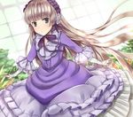  absurdres bad_id bad_pixiv_id bangs blonde_hair blunt_bangs chin_strap dress dutch_angle frills gosick green_eyes greenhouse hairband highres lolita_fashion long_hair long_sleeves looking_at_viewer outstretched_arms ribbon solo standing tooda_riko tsurime very_long_hair victorica_de_blois 