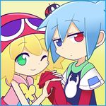  1girl ahoge amitie_(puyopuyo) blonde_hair blue_eyes blue_hair bug expressionless green_eyes hat heterochromia holding_hands insect jitome komeichou-69 ladybug official_style one_eye_closed puyopuyo puyopuyo_fever red_eyes shirt short_hair sig_(puyopuyo) smile yellow_background 