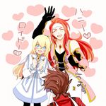  2boys blonde_hair blue_eyes blush brown_hair closed_eyes collet_brunel detached_sleeves from_behind hairband heart lloyd_irving long_hair multiple_boys pantyhose red_hair red_shirt shirt skllp sweatdrop tales_of_(series) tales_of_symphonia translated waving wings zelos_wilder 