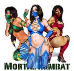  3girls ass black_hair breasts copyright_name dark_skin jade jade_(mortal_kombat) kitana large_breasts long_hair mask midriff mileena mortal_kombat multiple_girls simple_background smile 