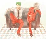  achilles_(fate) ag_ss41 couch earrings fate/apocrypha fate_(series) formal green_eyes green_hair jewelry karna_(fate) multiple_boys necktie suit white_hair 