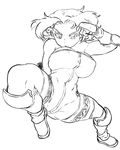  bare_shoulders boots breasts cleavage covered_nipples elbow_pads final_fantasy final_fantasy_tactics fingerless_gloves gloves greyscale huge_breasts kicking knee_pads monk_(fft) monochrome short_hair solo tsukudani_(coke-buta) unitard vambraces 
