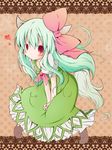  bow colorized daigorou ex-keine green_hair heart horns kamishirasawa_keine long_hair looking_at_viewer red_eyes smile solo tail touhou 