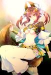  alternate_costume amaterasu_(fate) animal_ears bad_id bad_pixiv_id bow breasts dancer detached_sleeves fate/extra fate/extra_ccc fate_(series) fox_ears fox_tail hair_bow hair_ribbon highres jewelry medium_breasts midriff necklace nomoc pink_hair ribbon solo tail tamamo_(fate)_(all) tamamo_no_mae_(fate) tiara twintails underboob yellow_eyes 