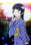  bad_id bad_pixiv_id black_hair fireworks flower gokou_ruri hair_flower hair_ornament japanese_clothes kimono long_hair mole mole_under_eye ore_no_imouto_ga_konna_ni_kawaii_wake_ga_nai purple_eyes wanco yukata 