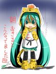  absurdly_long_hair animal_costume animal_print full_body hatsune_miku long_hair looking_at_viewer open_mouth shichinose skirt solo spring_onion sweatdrop tail tiger_costume tiger_print tiger_tail translated twintails very_long_hair vocaloid 