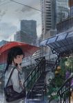  bag black_eyes black_hair city cloud cloudy_sky dlkdhy flower highres long_hair looking_away original rain shoulder_bag sky solo stairs umbrella 