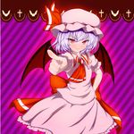  ascot aura bat bat_wings brooch cross fang hand_on_hip hat hat_ribbon highres jewelry lavender_hair light_smile looking_at_viewer misumo mob_cap pointing pointing_at_viewer purple_background red_eyes remilia_scarlet ribbon short_hair skirt skirt_set slit_pupils striped striped_background touhou wings 
