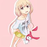  1girl blonde_hair brown_eyes child collarbone futaba_anzu hand_under_clothes hand_under_shirt idolmaster idolmaster_cinderella_girls katoyuu long_hair open_mouth shirt simple_background solo striped stuffed_animal stuffed_bunny stuffed_toy twintails 