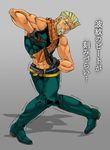  beard blue_eyes collective-mind crop_top derivative_work facial_hair gloves jojo_no_kimyou_na_bouken joseph_joestar joseph_joestar_(young) leggings male_focus midriff official_style old parody pose scarf solo translation_request white_hair 