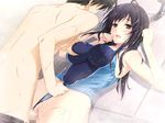  1boy 1girl bare_shoulders bath black_eyes blue_hair blush breast_grab breasts brown_eyes censored covered_nipples erect_nipples game_cg grabbing highres iizuki_tasuku izumi_wakoto large_breasts long_hair lovely_x_cation_2 open_mouth penis purple_hair pussy sex shower standing swimsuit thighs vaginal water wet 