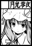  black_border border circle_cut greyscale highres long_hair monochrome patchouli_knowledge shichinose solo touhou 