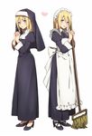  alternate_costume apron bad_id bad_pixiv_id blonde_hair blue_eyes christa_renz dress enmaided full_body habit hands_clasped heart highres ichinose777 long_dress maid maid_headdress nun own_hands_together shingeki_no_kyojin short_hair standing 