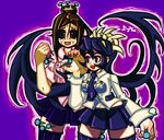  black_hair black_sclera breasts brown_hair filia_(skullgirls) medium_breasts multiple_girls nail nail_polish painwheel_(skullgirls) prehensile_hair red_eyes samson_(skullgirls) school_uniform sjk skullgirls thighhighs zettai_ryouiki 