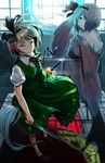  absurdres bad_id bad_pixiv_id bare_shoulders blue_eyes blush dual_persona fukurou_(suga0930) ghost green_eyes hairband highres japanese_clothes katana kimono konpaku_youmu konpaku_youmu_(ghost) multiple_girls off_shoulder short_hair silver_hair skirt sword tassel touhou weapon 