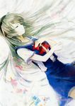  blue_skirt blue_vest bow bowtie clannad closed_eyes green_hair hairband hand_on_own_chest highres hikarizaka_private_high_school_uniform long_hair lying non-web_source on_back parted_lips red_bow red_neckwear ribbon sailor sakagami_tomoyo school_uniform shirt short_sleeves silver_hair skirt sleeping solo tomoyo_after vest white_shirt yuhazu_(rhe-rhe) 