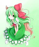  bow colorized ex-keine green_eyes green_hair highres horns kamishirasawa_keine long_hair looking_at_viewer smile solo sugiaki tail touhou 