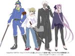  2girls alternate_costume archer artoria_pendragon_(all) bespectacled blonde_hair blue_hair casual fate/stay_night fate_(series) glasses kmanami2494 lancer long_coat long_hair multiple_boys multiple_girls polearm ponytail purple_hair rider saber sheath sheathed sketch spear translation_request weapon white_hair 