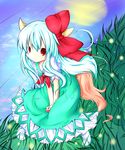  blue_hair bow colorized ex-keine fireflies full_moon grass highres horns kamishirasawa_keine long_hair looking_at_viewer mellpon moon red_eyes smile solo tail touhou 