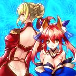  ahoge animal_ears blonde_hair bow braid breasts cleavage detached_sleeves fate/extra fate_(series) fox_ears fox_tail green_eyes hair_bow hair_bun hair_ribbon japanese_clothes kin_mokusei large_breasts multiple_girls nero_claudius_(fate) nero_claudius_(fate)_(all) pink_hair ribbon tail tamamo_(fate)_(all) tamamo_no_mae_(fate) twintails yellow_eyes 